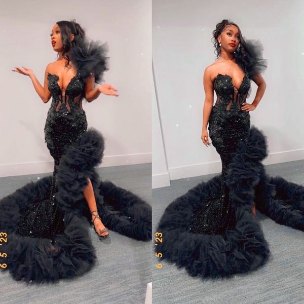 Shinny Black Prom Dresses 2025 Sequined Sparkly Mermaid Gala Party Gowns African Evening Dress Customized