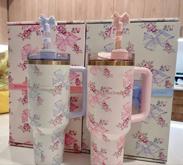 

vacuum cup Food grade 40oz Car Cup stainless steel handle Ice Bully Cup Cross-border large capacity car with straw Stainless steel car insulated cup, Butterfly pink