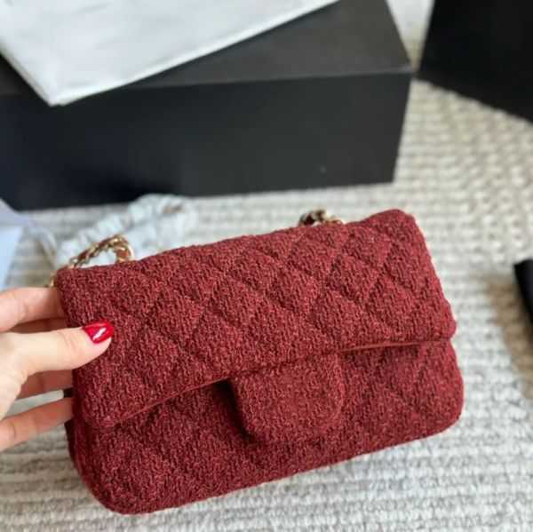 

Women Designer Red Knitting Tweed Mini Flap Bag Classic Diamond Lattice Light Gold Hardware Shoulder Bags Cross Body Handbag Luxury Wallet Key Pouch Sacoche