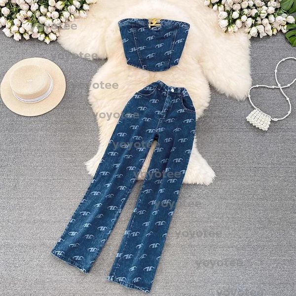 

Womens Fashion Suit Retro American Style ChestTop Denim Vest TwoPieces Sets Casual HighWaisted Slimming StraightLeg Pants BFG2501168, Blue