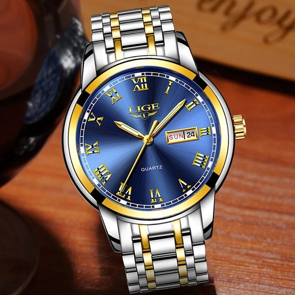 

LIGE Men's business quartz Watch Classic three-pin double calendar watch Stainless steel strap Top brand watch Multi-functional life waterproof watch Quarzuhr, White