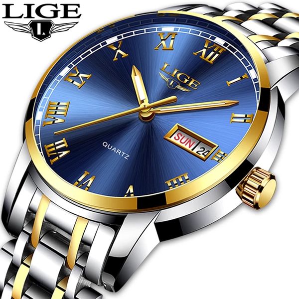 

LIGE Men's business quartz Watch Classic three-pin double calendar watch Stainless steel strap Top brand watch Multi-functional life waterproof watch, Silvery white