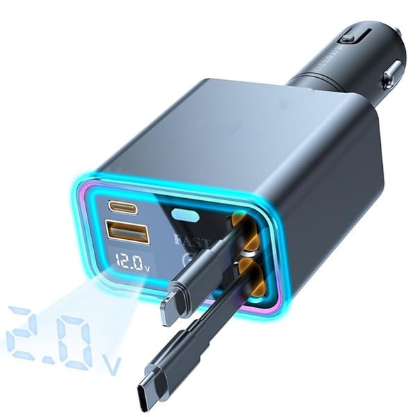 4-Port Retractable Car Charger - 144W Dual Type-C & USB A, Compatible with iPhone 16 Pro/16/15 Pro, Samsung Galaxy, Android Devices