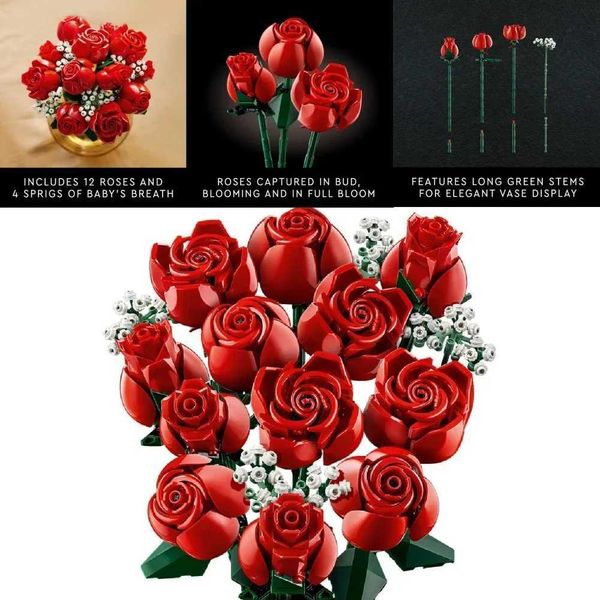 2025 new Artificial Flowers Roses Bouquet Building Blocks - Lifelike Floral Arrangement for Anniversary, Special Ocns, or Home Decor Designe