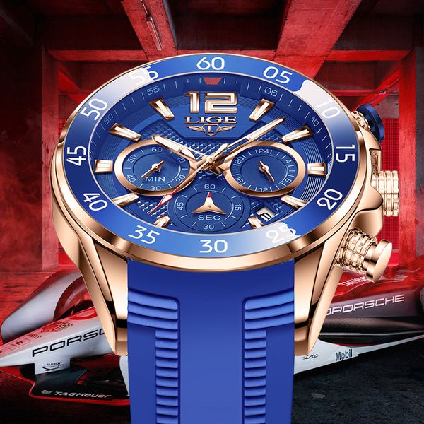 

LIGE Silicone Sports Mens Watches Waterproof Quartz Wristwatches Chronograph Date Male Clock Fashion Watch for Men, Red