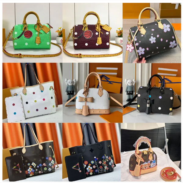 

2025 new designer bags takashi murakami shoulder bag leather handbag canvas women colorful bag fashion composite lady beach clutch tote woman bag purse wallets, T19