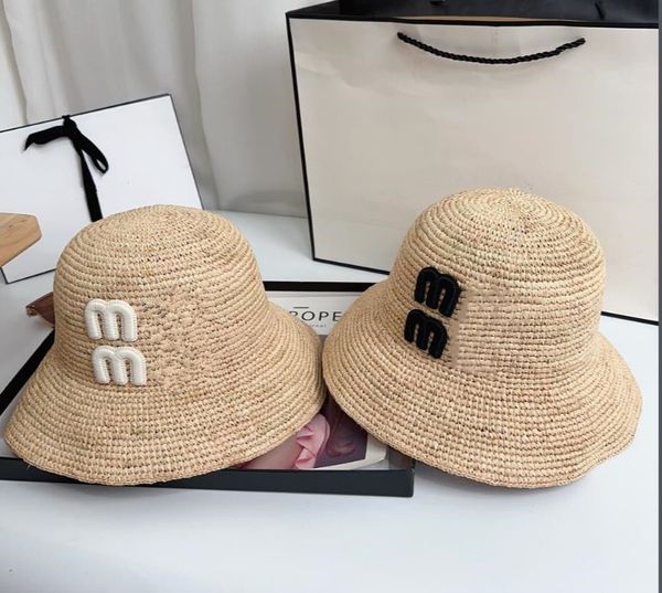 

Summer Women's Designer Straw Hat Bucket Hats Fashion Wide Brim Letter Shading Travel Outdoor Beach, White