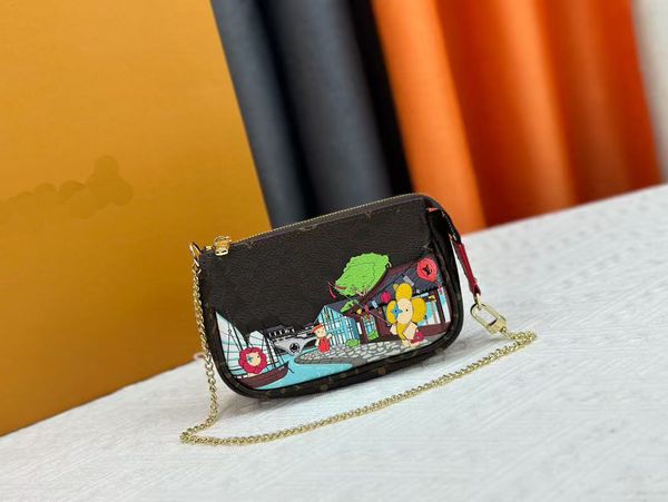 

2025 new Manga pattern patent leather luxurys designers wallets Woman Fashion Clutch purses Chain wallets Card Holder Purse With Box Dust Bag, Dark grey