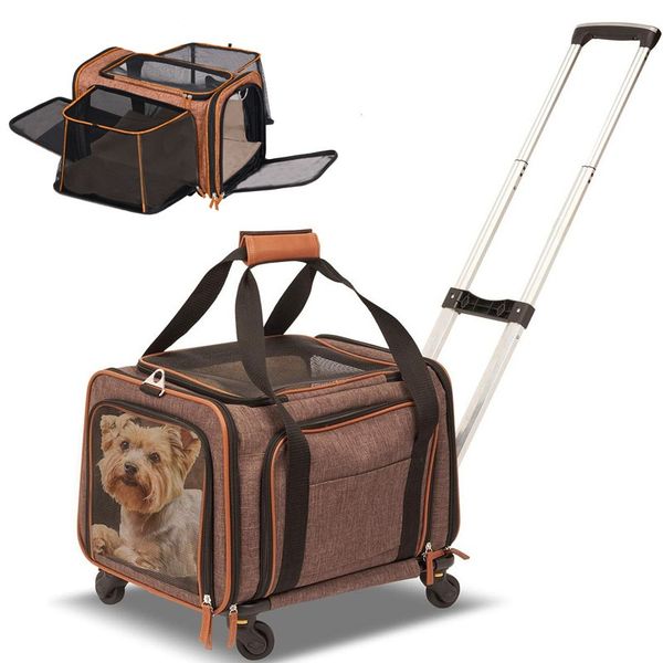 

Gardner Pet Cat with Wheels and Litter Box, Breathable Mesh, Expandable Soft-Sided Carrier Traveland Locking Zippers for Long Distance Car Travel, Brown
