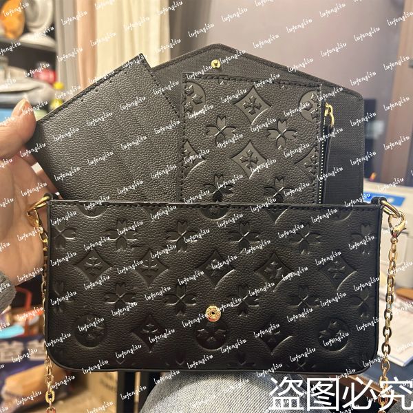

Women desinger bag Messenger Leather handbag Evening Bag Original box high quality flower checkers date code serial number embossed pattern purse, Old flower-black