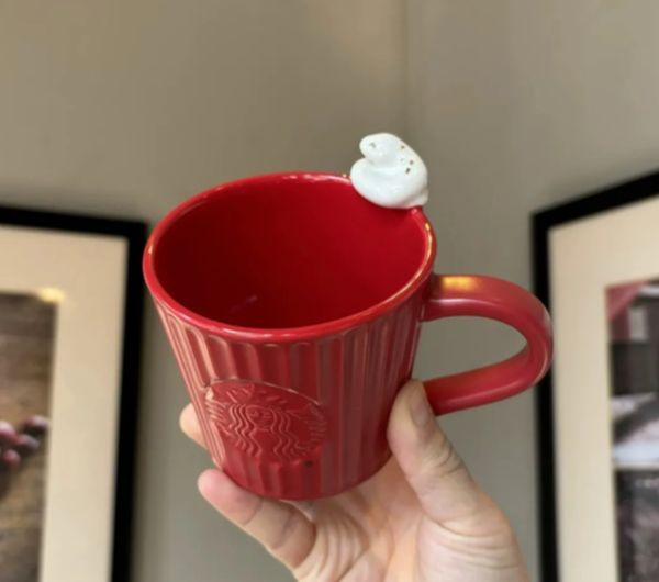 Starbucks 10oz Red Ceramic Coffee Mug Cute White Decor Premium Coffee Cup for Home Office Gift