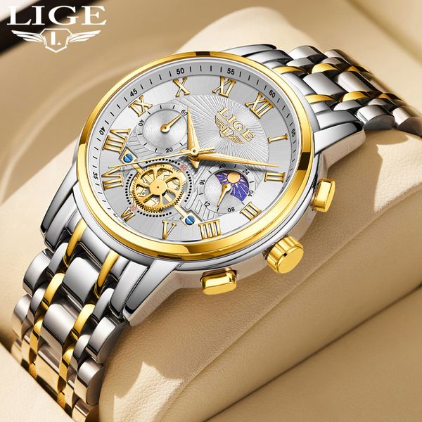 

LIGE Fashion Men's Quartz Watch Night Light Moon Phase Multi functional Waterproof Business Watch, Silver