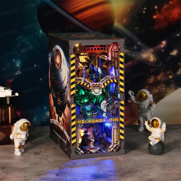 Apollo Bricks Space Exploration Model Build 3D Wooden Puzzle DIY Bookshelf Miniature Astrona Dollhouse Decoration 250110