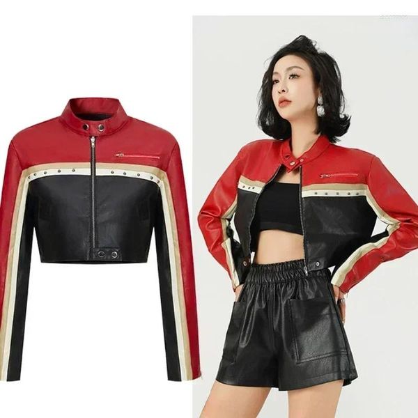 

Women's Jackets Spring Autumn Women Fashion Punk Biker Core Color Block Zipper Studded Detail Crop PU Leather Jacket Y2K Short Outerwear, Black