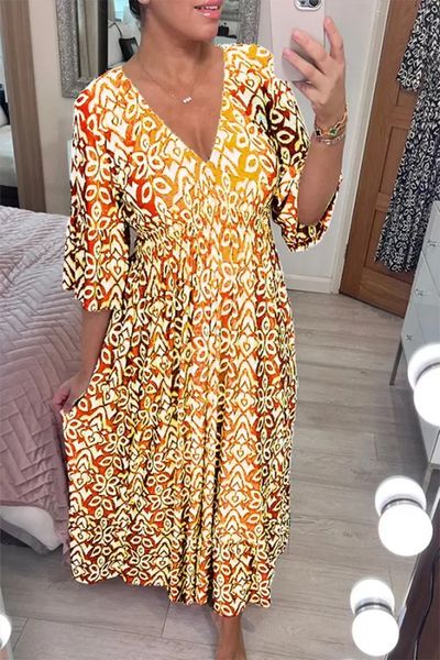 Super fairy women V-neck dress seaside vacation beach dress printed loose long skirt