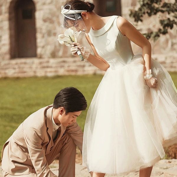 2025 Elegant A-line Short Wedding Dress Scoop Sleeveless Open Back Satin Tulle Civil Bride Bridal Party Gowns Garden Vestido De Noiva