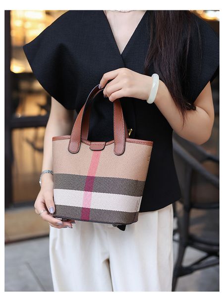 

Women's Handbags Genuine Leather Canvas Checkered Color - Blocking Handheld Bags Market Basket Bags 2025 Fashion Shoulder and Cross - body Bucket Bags, Brown