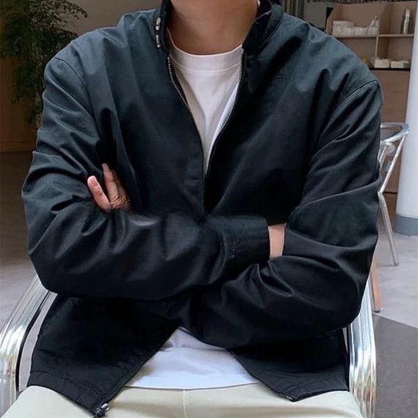 

Streetwear Mens Workwear Bomber Jacket Small Horse Logo Zip Up Coat Khaki Utility Outerwear Classic Fit Fashion Leather Style Lapel Collar Casual Jacket, R03-navy