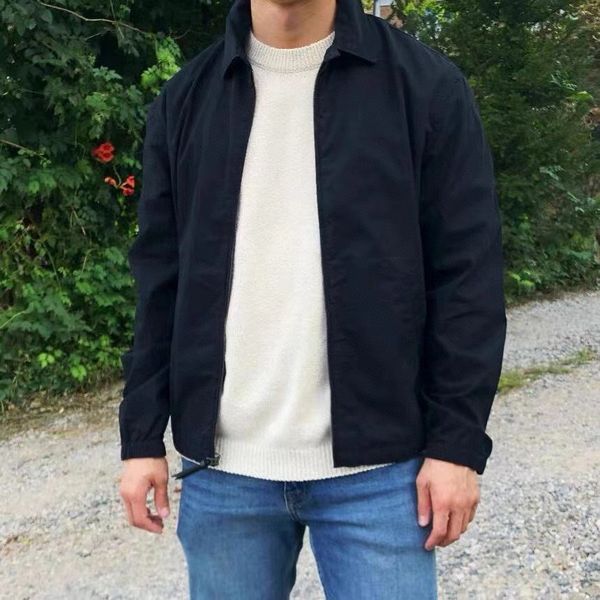 

Mens Leather Style Workwear Jacket Small Horse Logo Casual Zip Up Coat Vintage Utility Outerwear Khaki Bomber Look with Designer Streetwear Fashion Appeal, R03-navy