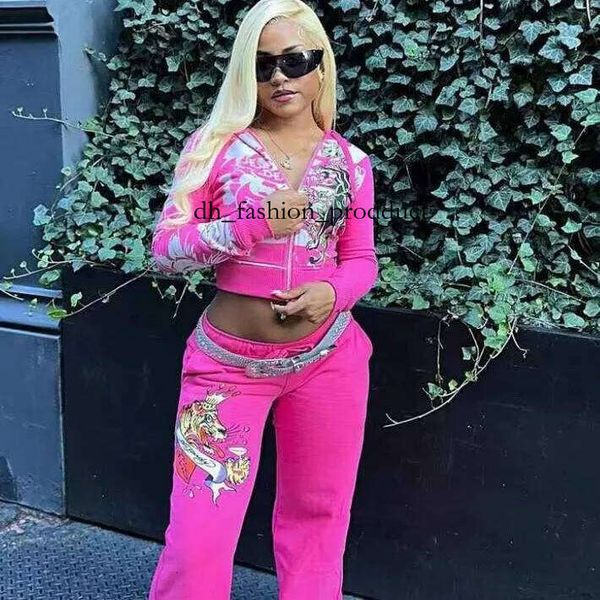 

edhardyly Womens Tracksuit Pattern Letter Print Fashion edhardypants Sports Spring Summer Slim Short Zip Hooded Sweatshirt Casual Loose Sweatpants Two Piece t 825, White 02