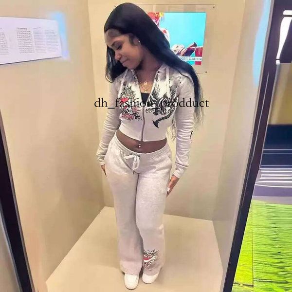 

edhardyly Womens Tracksuit Pattern Letter Print Fashion edhardypants Sports Spring Summer Slim Short Zip Hooded Sweatshirt Casual Loose Sweatpants Two Piece Set 0, White 03