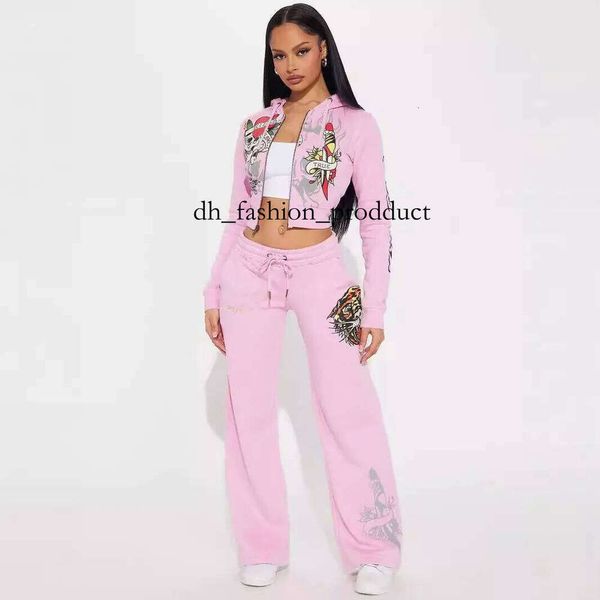 

edhardyly Womens Tracksuit Pattern Letter Print Fashion edhardypants Sports Spring Summer Slim Short Zip Hooded Sweatshirt Casual Loose Sweatpants Two Piece b89, Black 02