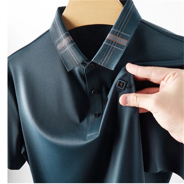 

7XL 6XL New Summer Top Quality Ice Silk Breathable Shirts For Men Short Sleeve Loose Mens Polo Shirt Business Male Tshirts, Black