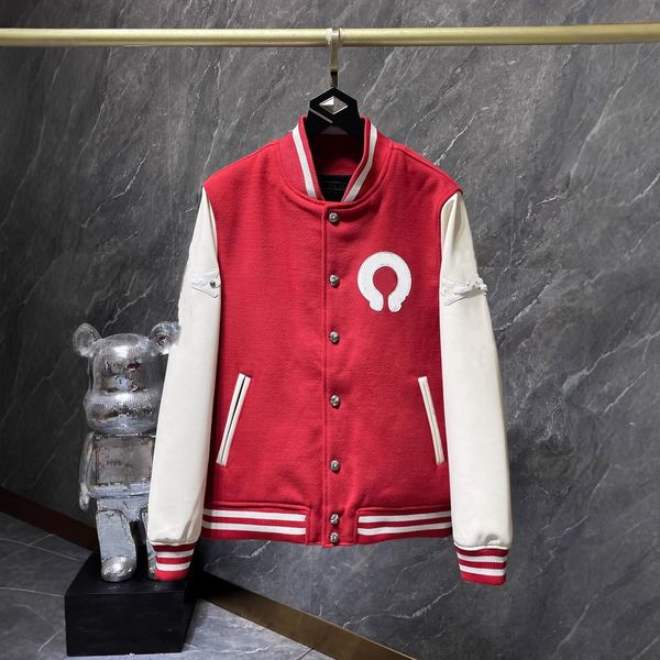 

Mens Designer Cross woolen leather sleeve patchwork embroidered baseball uniform for both men and women, Red