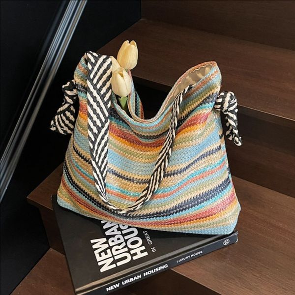 

Free Shipping Designer Large Capacity Woven New Style Straw Shoulder Beach Vacation Stylish Underarm Bucket Bag Casual Shopping Handbag, Off-white