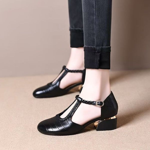Black Chunky Heel Sandals with Buckle for Women Comfortable Height Increase Mid Heel Summer Shoes