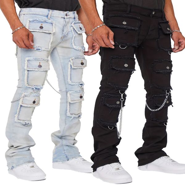 

Men Jeans Straight Pants Mid Waist Denim Patchwork Zipper Fly Cargo Pockets Solid Ankle Length Slight Strech High Street, Blue