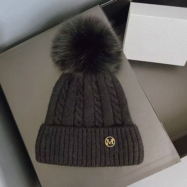 

Designer beanie cap hat men bonnet for women winter hats BeanieSkull CapsReal Rabbit Fur Solid Warm Pompom Beanies Female Three Fold Thick Knitted Hat, No 5