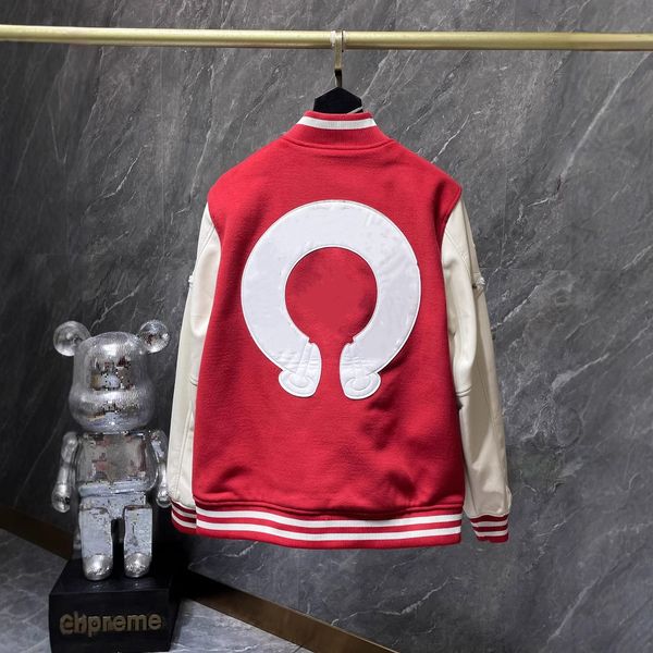 

Mens Designer Cross woolen leather sleeve patchwork embroidered baseball uniform for both men and women, Red