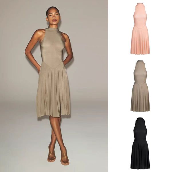 

10A quality high neck sleeveless designer pleated Ski dress casual and comfortable slim fit and slimming pure desire for spicy girl style, Pink