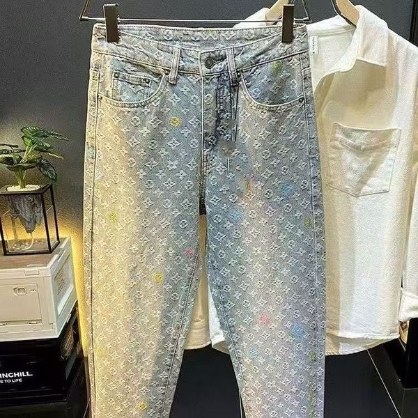 

Designer Pant Jeans Trousers Luxury High Long Pants Bottom Denim Jeans Distressed Trousers Classic Loose Womens Mens Elasticity Button Pants, Washblue