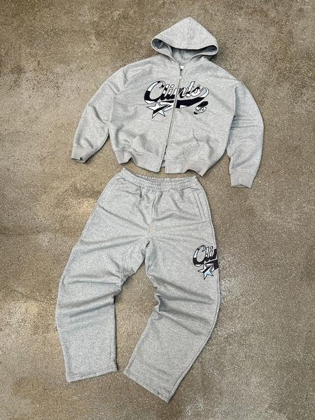 

Men's Tracksuits Streetwear Graffiti Lettering Zipper Hoodie Sweatpant Two Piece Suit Men Women Retro Casual Pant Sweatshirt Gray Sport, Pants