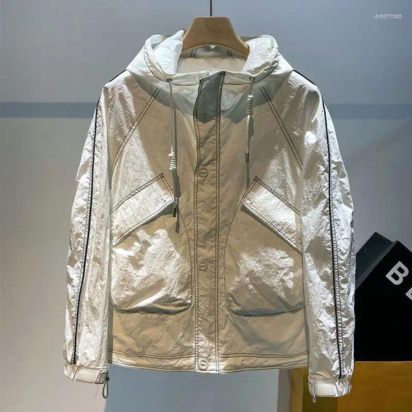 

Men's Jackets Blue Casual Men Spring Loose Hooded Sun Protection Thin Jacket, White