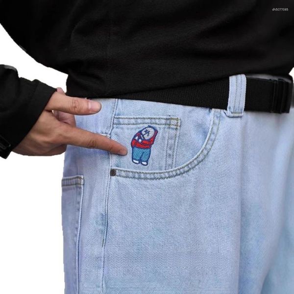 

Men's Jeans Hip Hop Gothic Cartoon Embroidery Blue Polar Big Baggy Y2K Streetwear Mens Womens Fashion Retro Wide Leg Trouser, A2