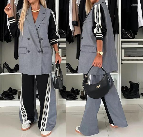 

Women's Two Piece Pants Long Sleeved Sets Womens Outifits Fall Winter 2025 Patchwork Double Breasted Suit Coat Casual Loose Pant Two-piece, Aa