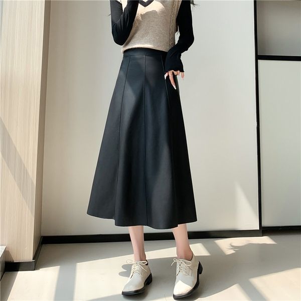 

High-end PU leather skirt women's autumn a-shaped skirt 2025 long skirt umbrella skirt medium and long skirt, Brown