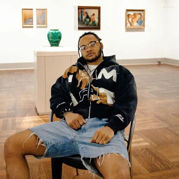 

Men's Hoodies European And American Gothic Hip Hop Personalized Letter Printed Zipper Jacket Casual Retro Loose Couple Hoodie, A9