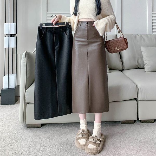 

Washed pu leather split skirt women' autumn 2025 autumn and winter clothing new medium and 2025 long hip-wrapped word skirt, Black