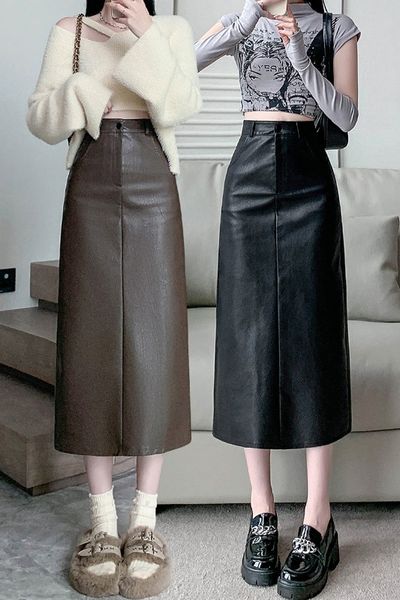 

Washed pu leather split skirt women's autumn 2025 autumn and winter clothing new medium and long hip-wrapped a-word skirt, Black