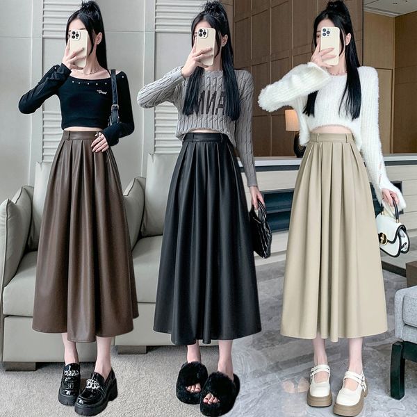

Fashion pu leather a word pleated skirt women' autumn 2025 autumn clothing new college style thin medium and long skirt, Khaki