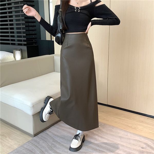 

Premium PU leather skirt skirt women's autumn and winter 2025 new medium and long straight hip skirt coffee one-step skirt, Brown