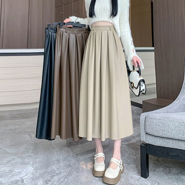 

2025Fashion pu leather a word pleated skirt women' autumn 2025 autumn clothing new college style thin medium and long skirt, Khaki