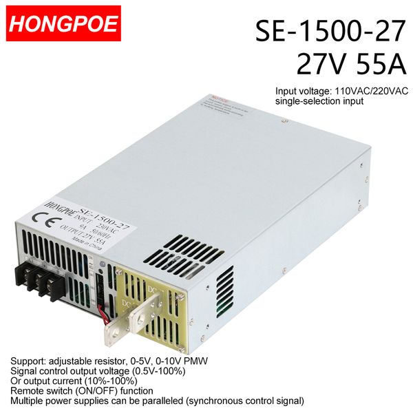 1500W 0-27V SMPS CE Certified Adjustable AC-DC Power Supply with 0-5V/0-10V PLC/PMW Signal Control, 27V/55A Transformer for Motor/Battery/Solar Power