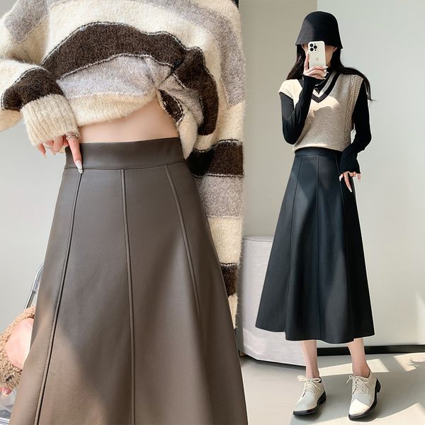 

High-end PU leather skirt women' autumn a-shaped skirt 2025 new long skirt umbrella skirt medium and long skirt, Brown