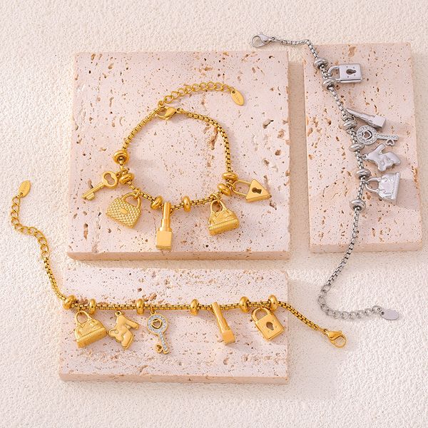 

Vintage Lock & Key Charm Bracelet | 18K Gold Titanium Steel, Adjustable Boho Chic