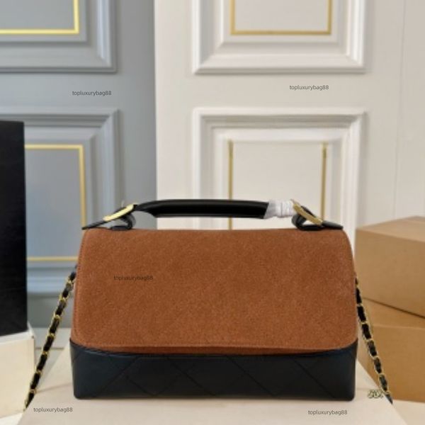 

Double Pinyin Suede Briefcase Fashion Lady Shoulder Bag Genuine Leather Flip Cover Golden Hardware Lock Soft Handle Handbag Matelasse Chain Armpit Package 33Cm 585, Khaki